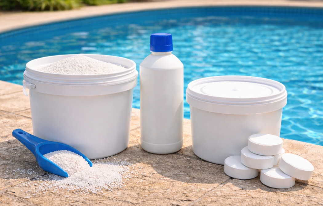 <p>Existem versões diferentes, como cloro granulado, líquido ou em pastilhas. A escolha depende do tipo e do volume da piscina.</p>
