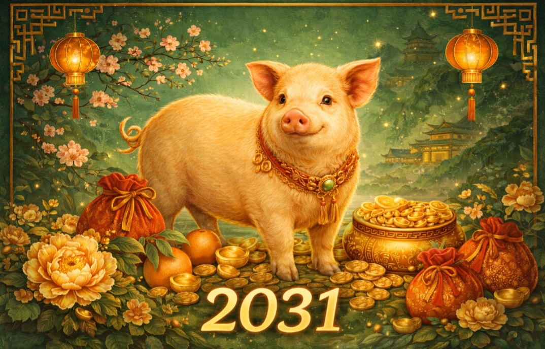 <p>Em 2031, o Porco assume o ciclo, representando generosidade e prosperidade. É um signo ligado ao conforto, à abundância e à sociabilidade.</p>
