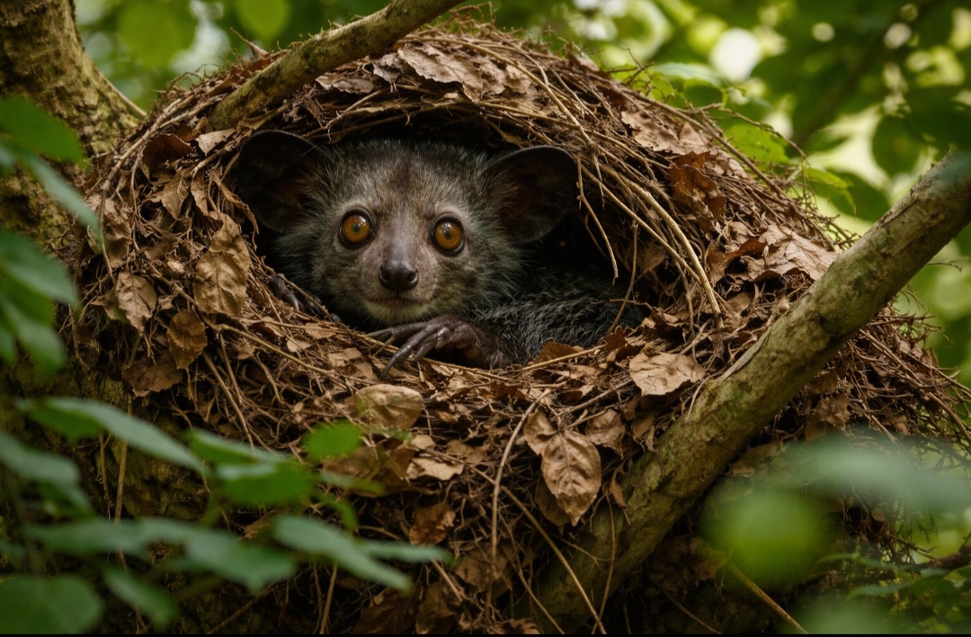 <p>Durante o dia, ele se esconde em ninhos de folhas e galhos. Assim, evita predadores e reserva energia para explorar a floresta sob a proteção da escuridão.</p>
