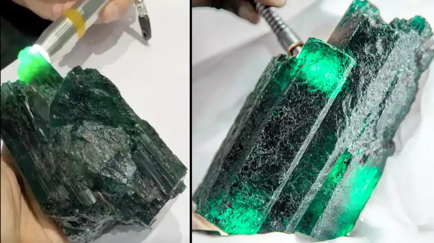 <p>O cristal de berilo apresenta estrutura hexagonal definida, coloração verde intensa e poucas inclusões, características raras nesse porte. O título considera a categoria “Largest uncut emerald”, referente à gema em estado bruto.</p>
