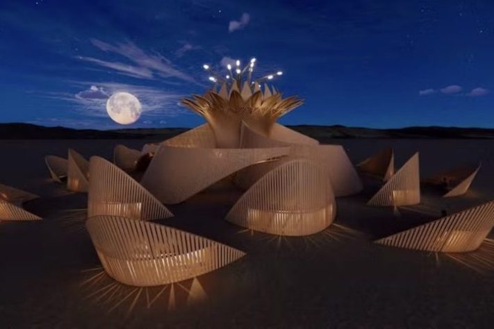 O templo do Burning Man 2026, queimado ao fim do festival, será inspirado em uma rara flor do deserto dos Estados Unidos - Divulgação/Annie Locke Scherer