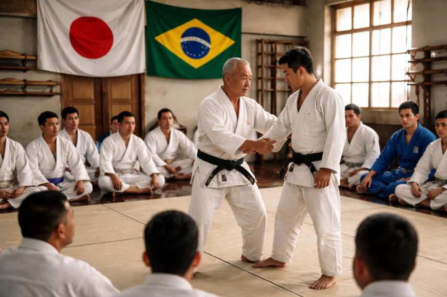 <p>No início do século XX, a modalidade chegou ao Brasil e ganhou grande projeção. Mestres japoneses ensinaram as técnicas a brasileiros interessados em artes marciais. Esse intercâmbio deu origem a uma adaptação conhecida como jiu-jitsu brasileiro.</p>
