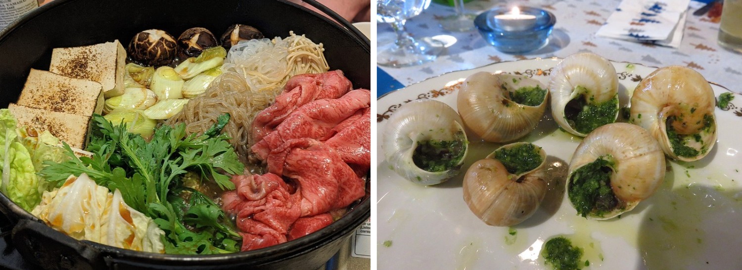 <p>No Japão, apontou o sukiyaki como prato favorito. A receita leva fatias finas de carne cozidas em caldo adocicado de shoyu e açúcar, acompanhadas de tofu, legumes e macarrão. Ele o descreve como “uma comida afetiva e familiar”. Da França, selecionou o escargot, preparado com caracóis terrestres comestíveis, tradicionalmente servidos com manteiga, alho e ervas, embora também possam aparecer em saladas, folhados, com molhos ou flambados.</p>
