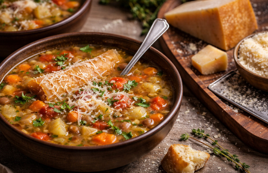 <p>Em sopas, o parmesão pode ser usado tanto ralado quanto em pedaços. Além de enriquecer o sabor, sua casca pode ser adicionada ao caldo durante o cozimento, liberando aromas e notas marcantes.</p>

