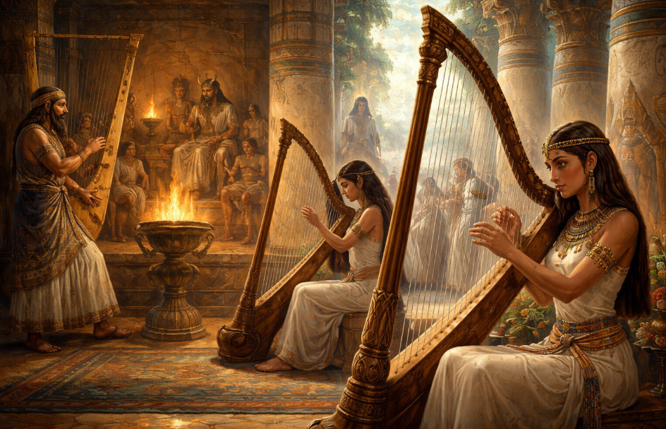 As primeiras harpas surgiram há mais de 5 mil anos em regiões como Mesopotâmia e Egito. Elas eram construídas de forma rudimentar, mas já desempenhavam papel cerimonial e religioso. Com o tempo, sua presença se espalhou por diferentes civilizações.