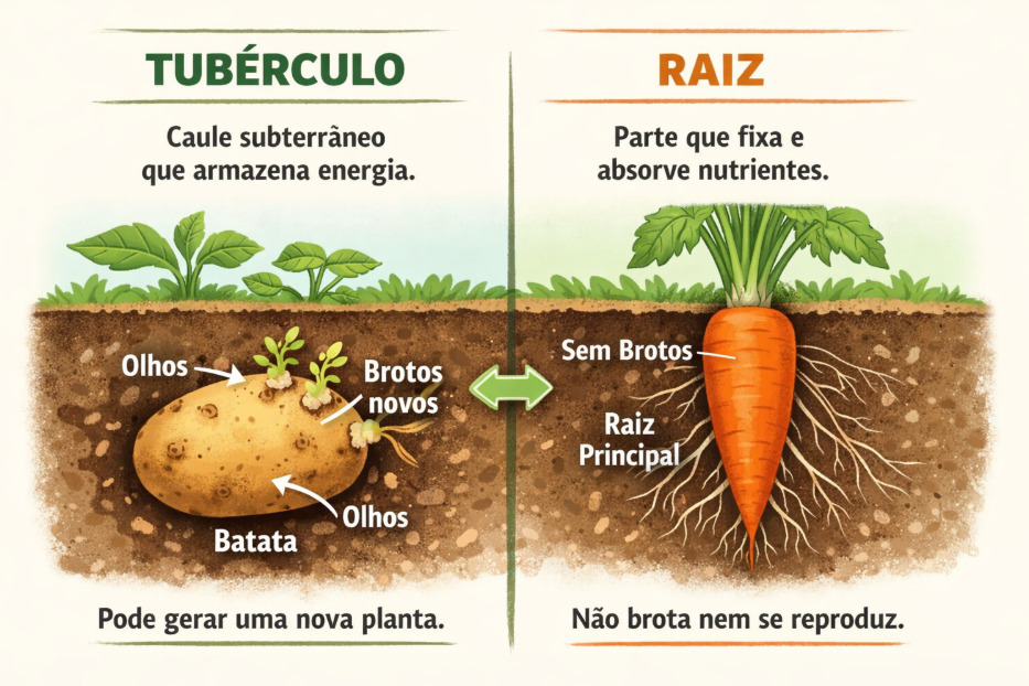 Resumindo de forma prática e ilustrativa: Tubérculo é um caule subterrâneo que armazena energia e pode gerar novos brotos, como a batata. Raiz é a parte que fixa a planta e absorve nutrientes, sem formar brotos, como a cenoura. Assim, o tubérculo pode dar origem a outra planta, enquanto a raiz comum não.