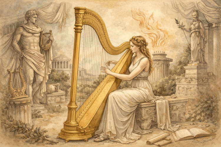 Na Grécia e em Roma, a harpa era associada à poesia e ao culto aos deuses. Ainda hoje, sua imagem aparece em ilustrações com tinta e esculturas, reforçando o vínculo entre música e espiritualidade. Assim, consolidou-se como instrumento de prestígio.