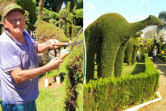 Praça ‘mais bela do Rio Grande do Sul’ tem mais de 200 esculturas em árvores esculpidas por jardineiro de quase 90 anos