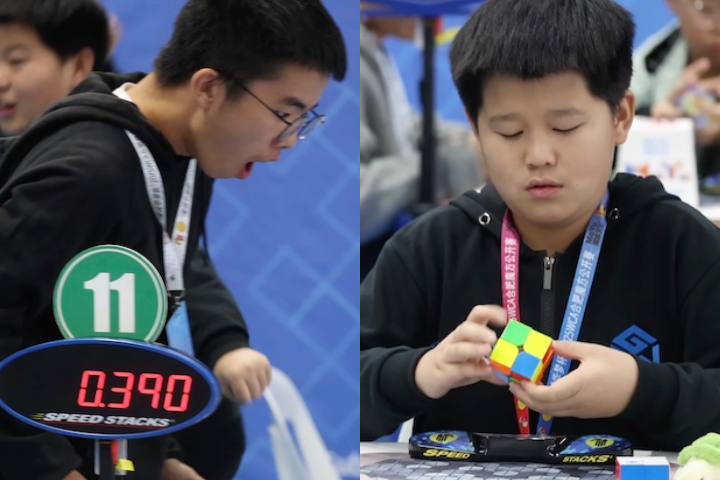 Chinês Ziyu Ye de 9 anos estabeleceu novo recorde mundial ao resolver cubo mágico em menos de 1 segundo - Montagem/Reprodução