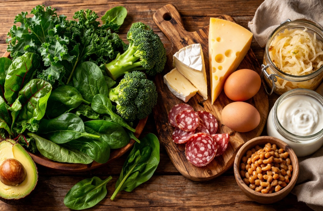 <p>Existem dois tipos principais: a vitamina K1 e a K2, com funções complementares. Ambas são importantes para manter o equilíbrio do organismo.A vitamina K1 é encontrada principalmente em vegetais verdes e folhas escuras. Já a K2 aparece em alimentos de origem animal e em itens fermentados.</p>
