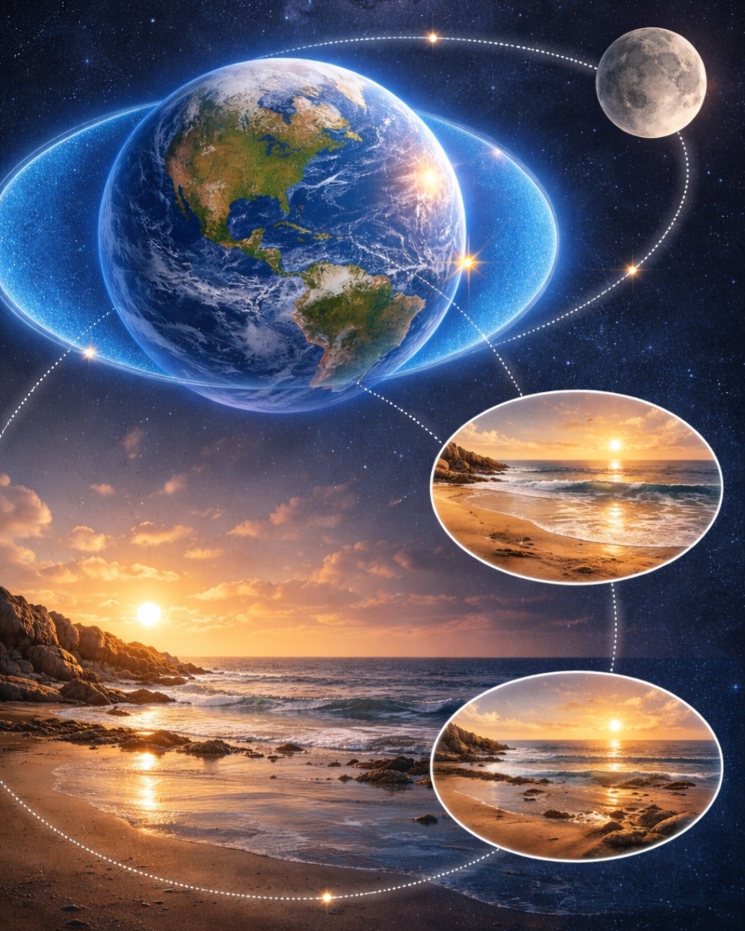 A rotação da Terra faz com que um mesmo ponto passe por maré alta e baixa em intervalos regulares. Em cerca de seis horas, esse ponto se desloca em relação à Lua e experimenta maré baixa. Após aproximadamente 12 horas e 25 minutos, o ciclo se completa com nova maré alta.