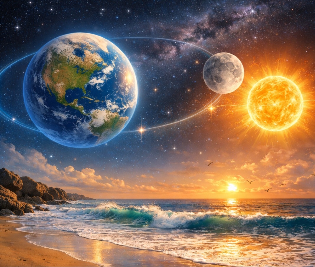 Embora menos intensa que a da Lua, a força gravitacional do Sol também interfere nos oceanos. Quando Lua e Sol estão alinhados, em fases nova ou cheia, as marés tornam-se mais intensas, chamadas de marés vivas. Já nas fases crescente e minguante, parte da força lunar é anulada, gerando marés mais suaves. Dessa forma, o Sol complementa o ciclo lunar.
