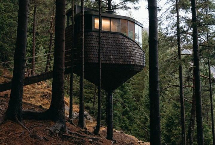 Erguida sobre o tronco estreito de um pinheiro, a casa parece sustentada por um único apoio. Acomoda até quatro pessoas e oferece uma banheira com vista privilegiada para o Fiorde de Hardanger.