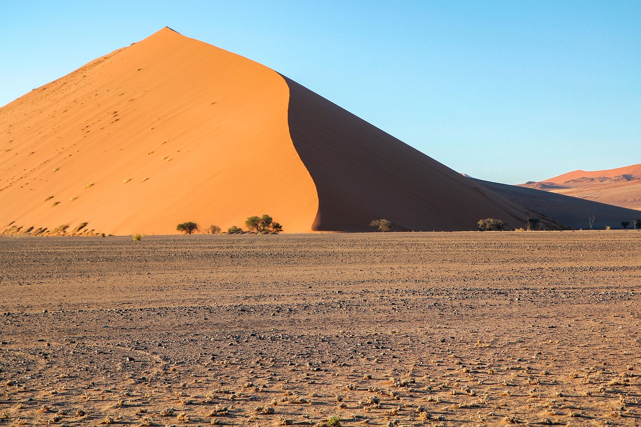 As dunas de Sossusvlei impressionam por sua altura, estando entre as maiores do mundo – frequentemente acima de 200 metros. Com cores que variam entre o vermelho e o laranja, resultado da oxidação do ferro presente no solo, elas criam um espetáculo visual que muda conforme a luz do sol. Assim, cada amanhecer e entardecer transforma a paisagem em um desenho vivo, marcada por contrastes intensos.

