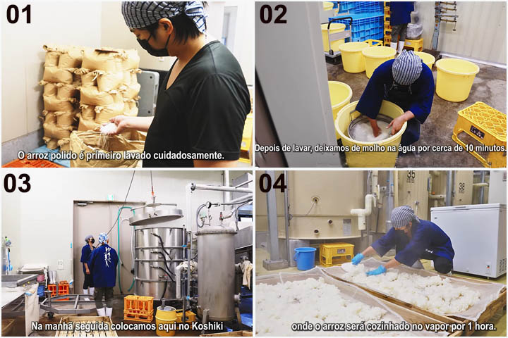 A produção moderna do saquê segue etapas bem definidas. Primeiro, o arroz é polido para remover impurezas. Em seguida, ele é cozido no vapor e recebe o k?ji, iniciando a fermentação. 
