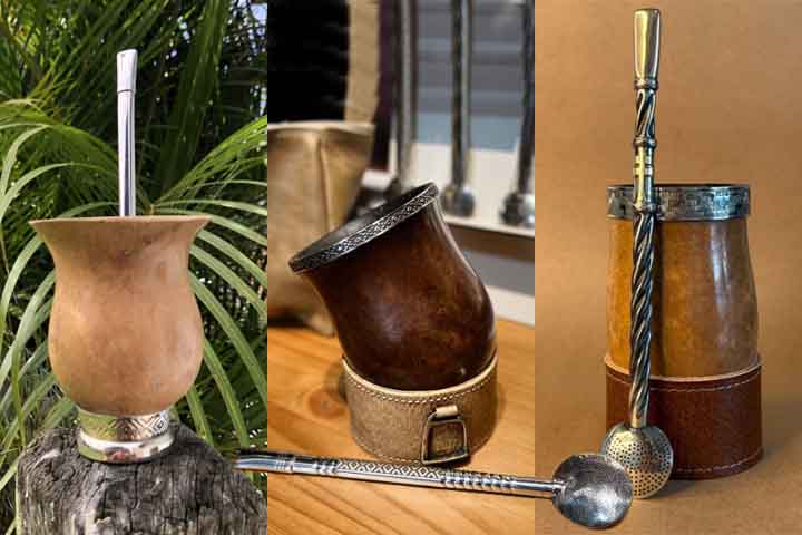 A cuia e a bomba são utensílios indispensáveis para o preparo do chimarrão. A cuia, feita de porongo, simboliza tradição, enquanto a bomba metálica garante praticidade e higiene. Juntas, representam a união entre estética artesanal e funcionalidade cotidiana.
