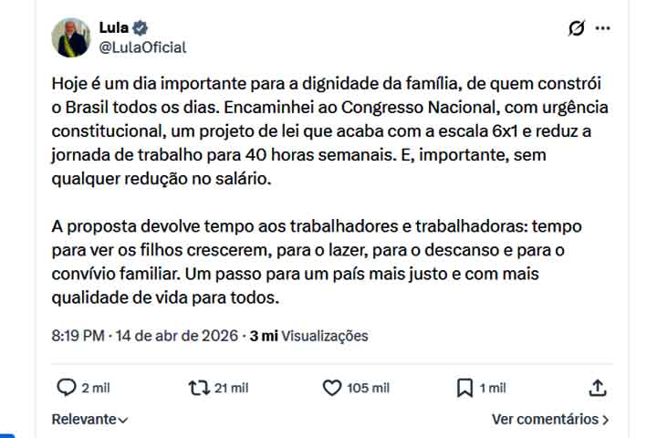 Paralelamente, o governo federal encaminhou ao Congresso um projeto de lei com proposta semelhante, mas por outro instrumento legislativo. O texto prevê a redução da jornada semanal máxima para 40 horas e a adoção de uma escala de cinco dias de trabalho com dois de descanso remunerado. Atualmente, a legislação permite até 44 horas semanais.
