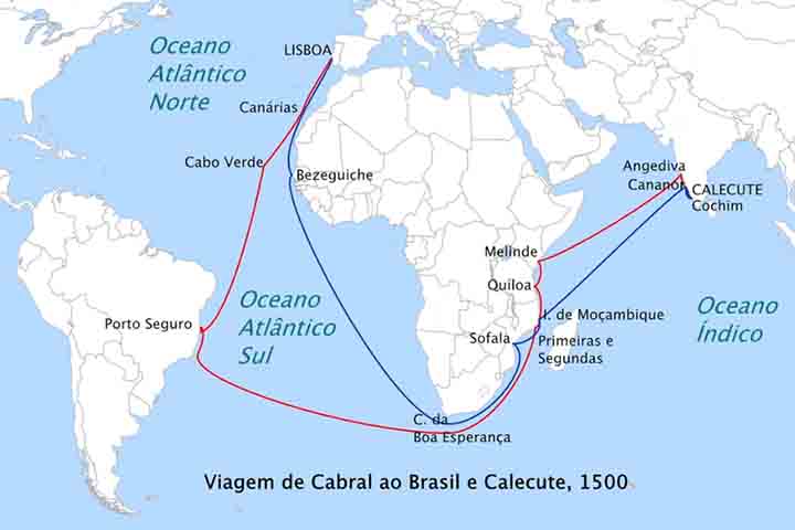 Foi nesse contexto de disputas marítimas e expansão ultramarina que a esquadra comandada por Pedro Álvares Cabral partiu de Lisboa em março de 1500, com destino às Índias. A frota, composta por 13 embarcações, tinha como objetivo consolidar a rota marítima para o Oriente, recentemente aberta por Vasco da Gama. No entanto, ao se afastar da costa africana e seguir uma rota mais ocidental, possivelmente por estratégia de navegação ou influenciada por ventos e correntes, Cabral acabou avistando terr