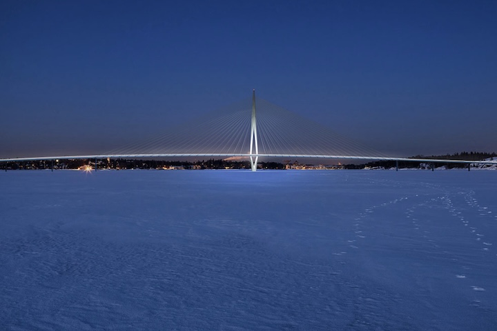 A estrutura se apoia em um pilone central de 135 metros, desenhado em formato de diamante, referência direta ao significado do nome Kruunuvuori, “montanha da coroa”. Esse elemento não cumpre apenas função estética, pois sustenta o sistema de cabos estaiados que mantém a ponte estável em um ambiente conhecido pelo frio extremo, ventos fortes e ciclos constantes de congelamento e degelo.