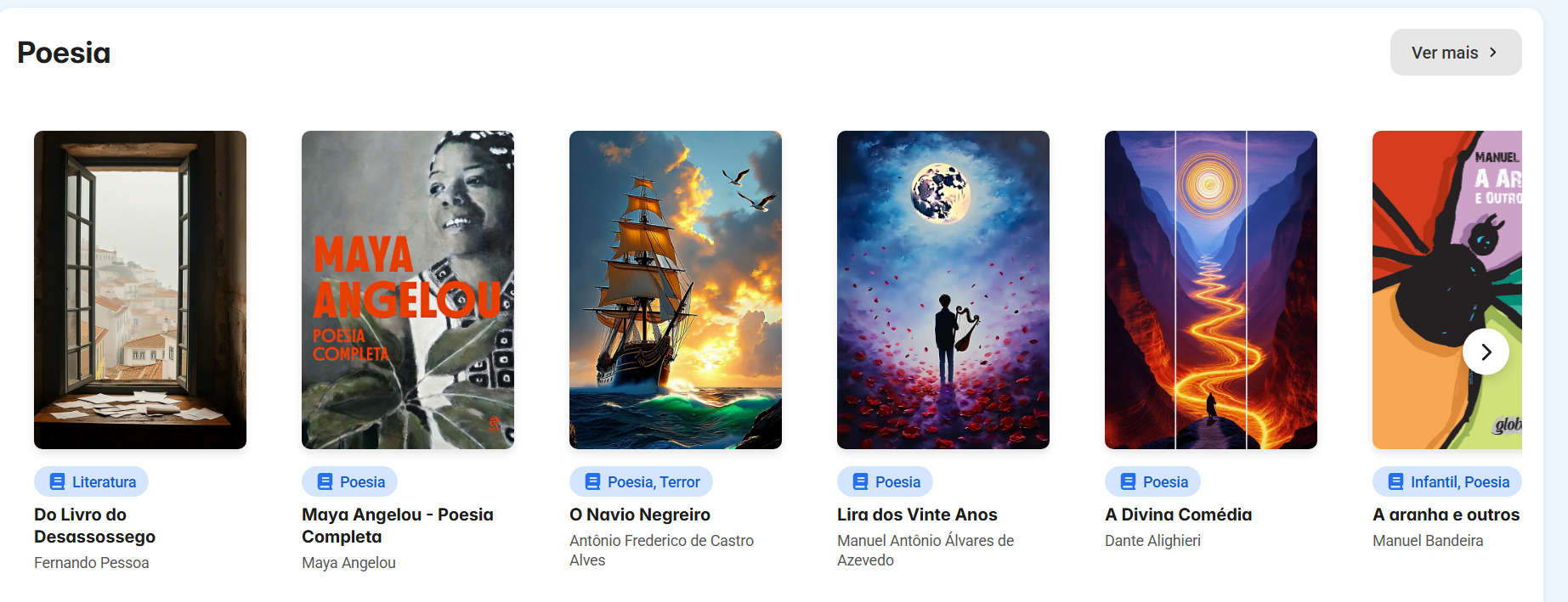 Na literatura brasileira, há uma seção dedicada a autores clássicos, com títulos como 