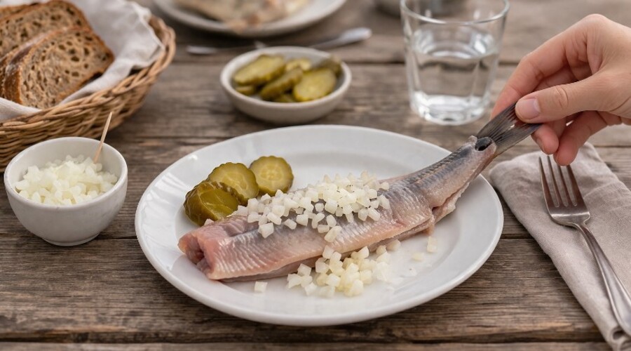 O arenque cru, conhecido como haring, é uma iguaria tradicional consumida com cebola picada e picles. A forma típica de comer é segurando o peixe pela cauda e mordendo diretamente, um ritual que atrai turistas curiosos. Essa prática reflete a forte ligação da Holanda com o mar e a pesca, que sempre foram fundamentais para sua economia.