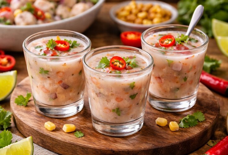 A leche de tigre é o líquido resultante da marinada do ceviche, considerado afrodisíaco e revitalizante. É servido em copos como aperitivo, reforçando a importância cultural do prato. Essa tradição mostra como até os detalhes do ceviche ganharam vida própria na culinária peruana.