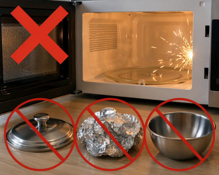 Materiais metálicos não devem ser usados no micro-ondas, pois refletem as ondas e podem causar faíscas ou até incêndios. Tampas metálicas, papel alumínio e utensílios de aço são exemplos de itens que devem ser evitados.