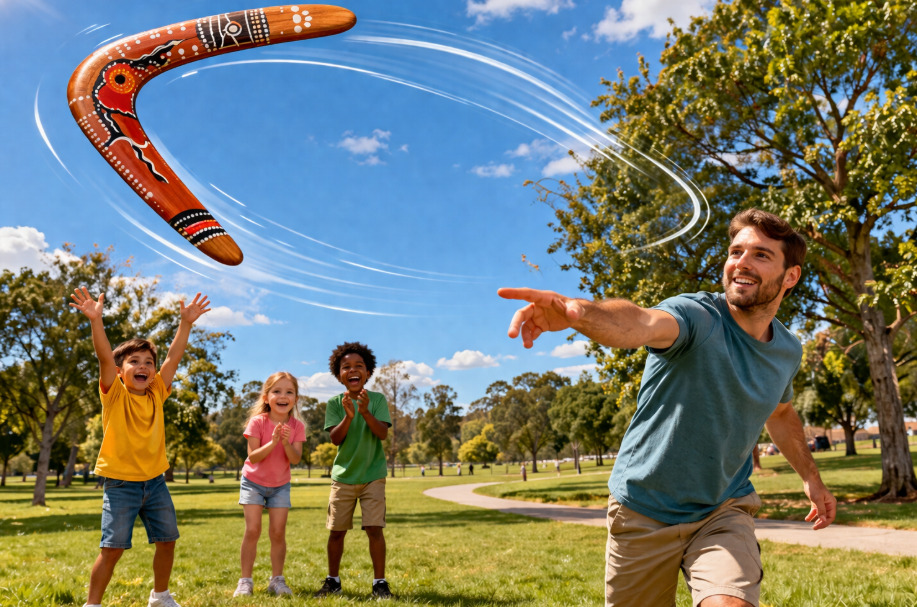 O funcionamento do bumerangue que retorna é explicado pela aerodinâmica. Seu formato curvado e as bordas inclinadas fazem com que ele gire rapidamente ao ser lançado. Esse giro cria forças que desviam sua trajetória, fazendo com que ele descreva uma curva no ar até voltar próximo ao ponto de origem.