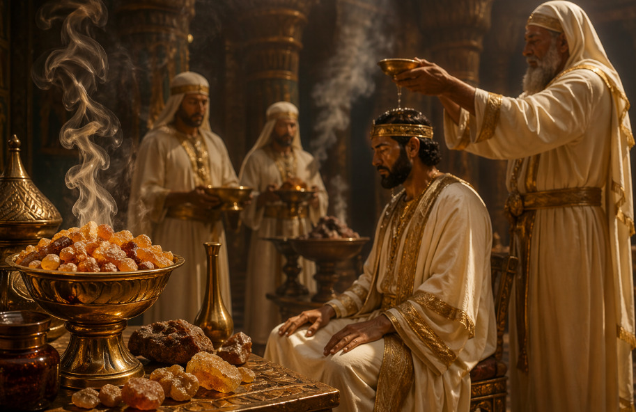 Em diferentes culturas, a mirra também aparecia em rituais de purificação de reis e sacerdotes, associada à limpeza simbólica e à preparação espiritual. Seu uso reforçava a ideia de proteção, renovação e conexão com o sagrado. 