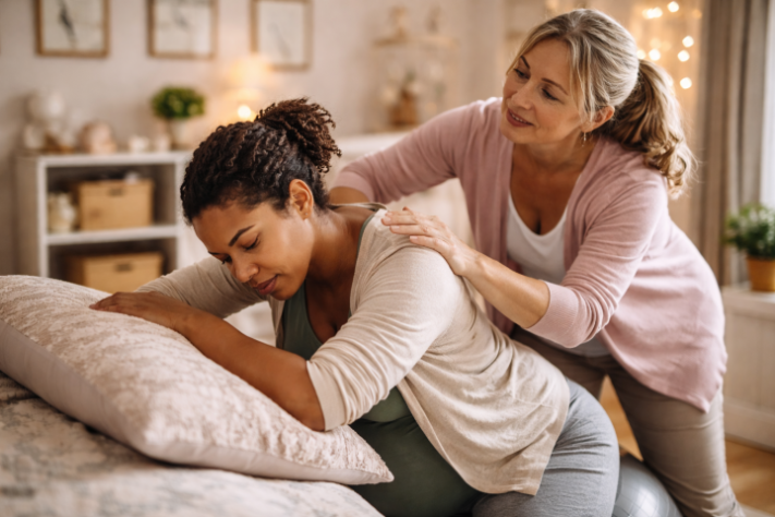 Mulher em trabalho de parto ao lado da doula - Imagem gerada por IA