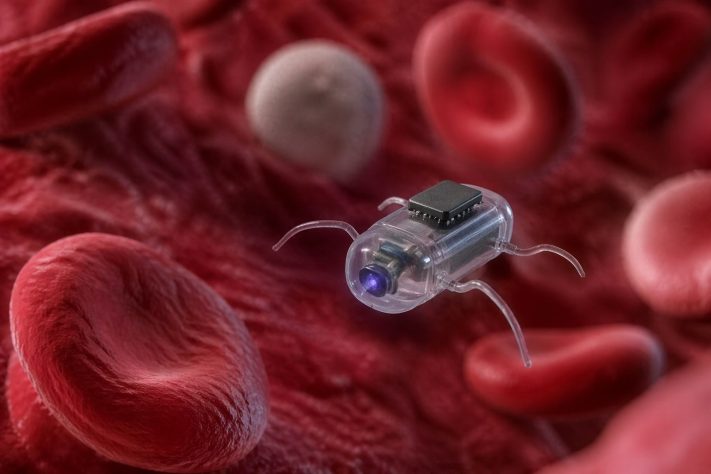 Pesquisadores dos Estados Unidos desenvolveram robôs microscópicos que tomam decisões e podem até 'nadar' dentro do corpo humano - Imagem gerada por IA