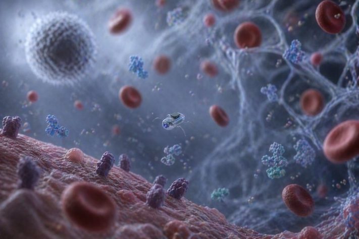 Pesquisadores dos Estados Unidos desenvolveram robôs microscópicos que tomam decisões e podem até 'nadar' dentro do corpo humano - Imagem gerada por IA