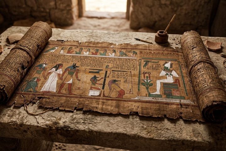 O papiro era produzido a partir de uma planta abundante às margens do Rio Nilo e se tornou o principal suporte para registrar leis, contratos, textos sagrados e relatos administrativos.