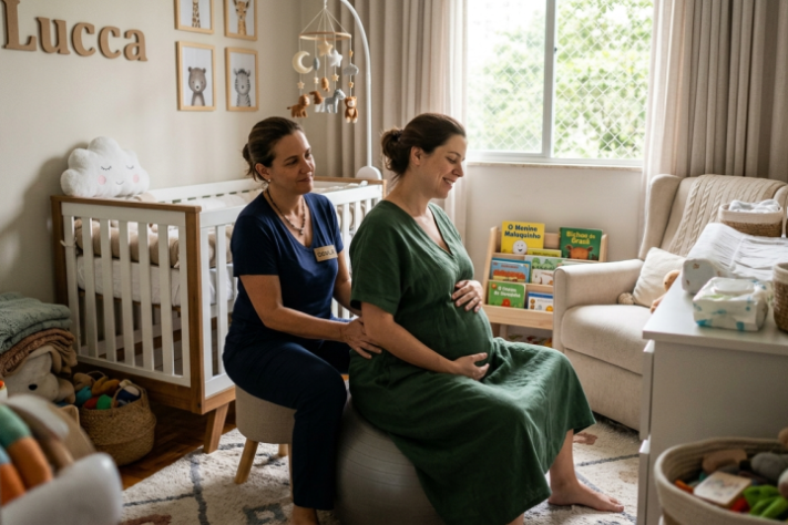 Mulher em trabalho de parto ao lado da doula - Imagem gerada por IA