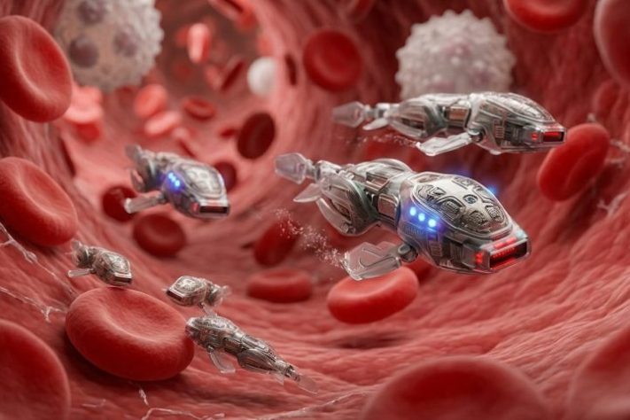 Pesquisadores dos Estados Unidos desenvolveram robôs microscópicos que tomam decisões e podem até 'nadar' dentro do corpo humano - Imagem gerada por IA
