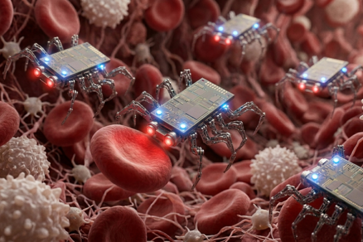 Pesquisadores dos Estados Unidos desenvolveram robôs microscópicos que tomam decisões e podem até 'nadar' dentro do corpo humano - Imagem gerada por IA