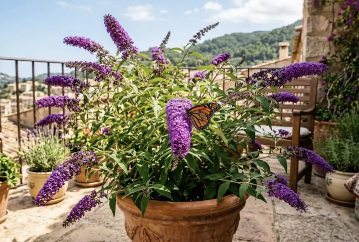 A poda anual no fim do inverno estimula o surgimento de novos ramos vigorosos e aumenta a quantidade de flores na estação seguinte. Em vasos grandes instalados em varandas ensolaradas, a Buddleia também costuma se dar bem, desde que receba poda mais frequente para controle do tamanho e drenagem adequada. 