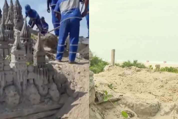 Prefeitura demole castelo de areia de 30 anos na Praia do Pepê - Montagem/Reprodução TV Globo