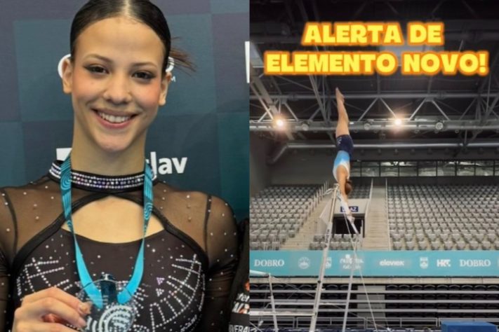 Ginasta brasileira Gabriela Barbosa de apenas 18 anos realiza movimento inédito nas barras assimétricas - Montagem/Reprodução 