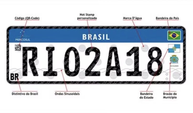 Placa utilizada no Rio de Janeiro, em 2018, durante a implementação do padrão Mercosul – Divulgação/Detran-RJ