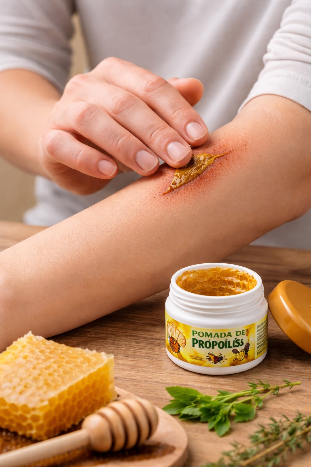 2 - Acelerar a cicatrização de feridas: Devido às suas propriedades antimicrobianas, o própolis auxilia na cicatrização de feridas ao combater bactérias, fungos e leveduras, além de estimular a regeneração da pele. Ele pode ser aplicado em pequenas lesões, queimaduras e até em feridas mais complexas.
