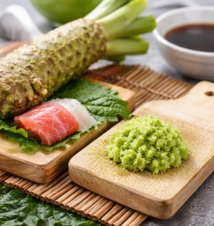 O wasabi verdadeiro vem da planta Wasabia japonica, nativa do Japão e cultivada em condições bastante específicas, como água corrente e clima controlado. Por isso, é raro e caro fora do país. Tradicionalmente, é servido fresco e ralado na hora.