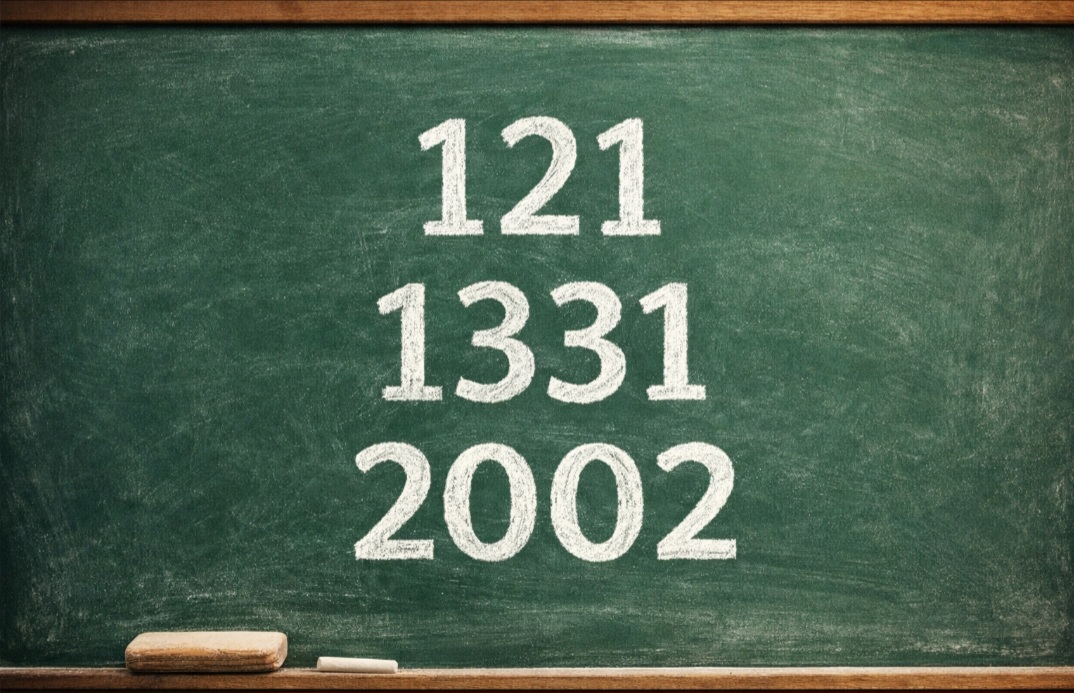 O fenômeno também aparece nos números, mantendo a mesma lógica. Exemplos como 121, 1331 e 2002 seguem esse padrão curioso.