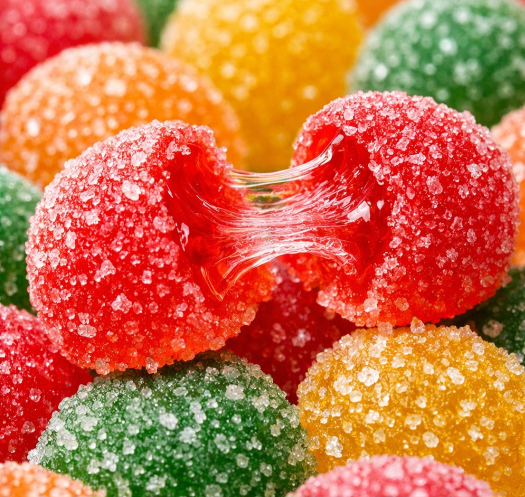 A gelatina é essencial para criar a textura elástica e firme que caracteriza a jujuba. Ao se combinar com o açúcar, ela forma uma estrutura que mantém o doce maleável sem se desfazer facilmente. Esse equilíbrio é o que proporciona a sensação de mastigar algo macio e resistente ao mesmo tempo.