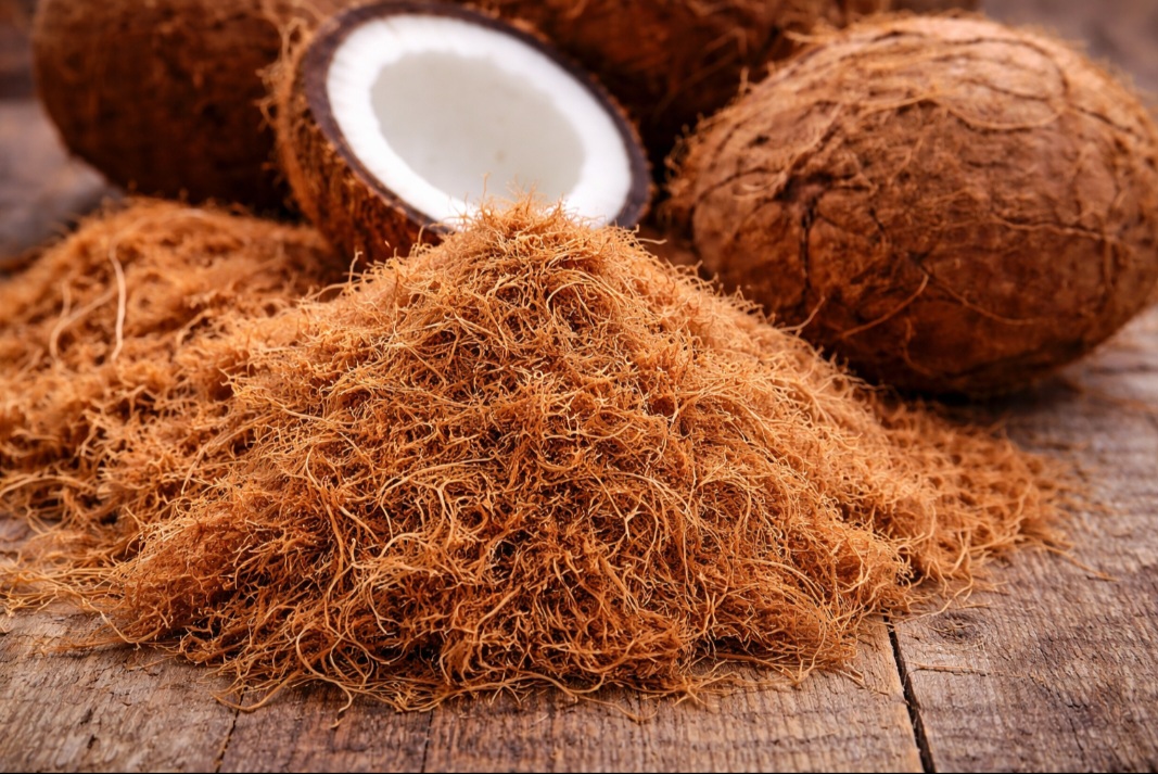 A fibra de coco é obtida da casca do fruto e aproveitada em estofados, colchões e mantas para jardinagem. Biodegradável e abundante, contribui para o reaproveitamento de resíduos agrícolas. Seu aproveitamento reforça a economia circular e reduz impactos ambientais.