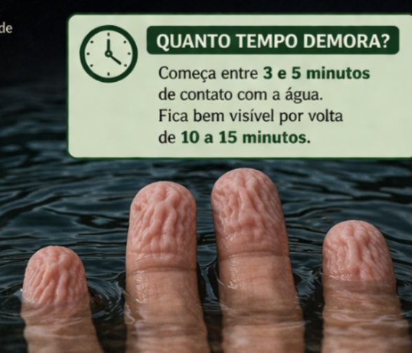 Em relação ao tempo, o enrugamento costuma começar entre 3 e 5 minutos de imersão. Ele se torna mais evidente após cerca de 10 a 15 minutos, variando conforme cada pessoa