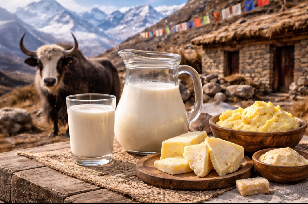 Nas montanhas do Himalaia, o leite de iaque é fundamental para a dieta local. Rico em gordura, sustenta a produção de manteiga e queijos típicos. É símbolo de adaptação às condições extremas e da ligação entre humanos e animais de altitude.