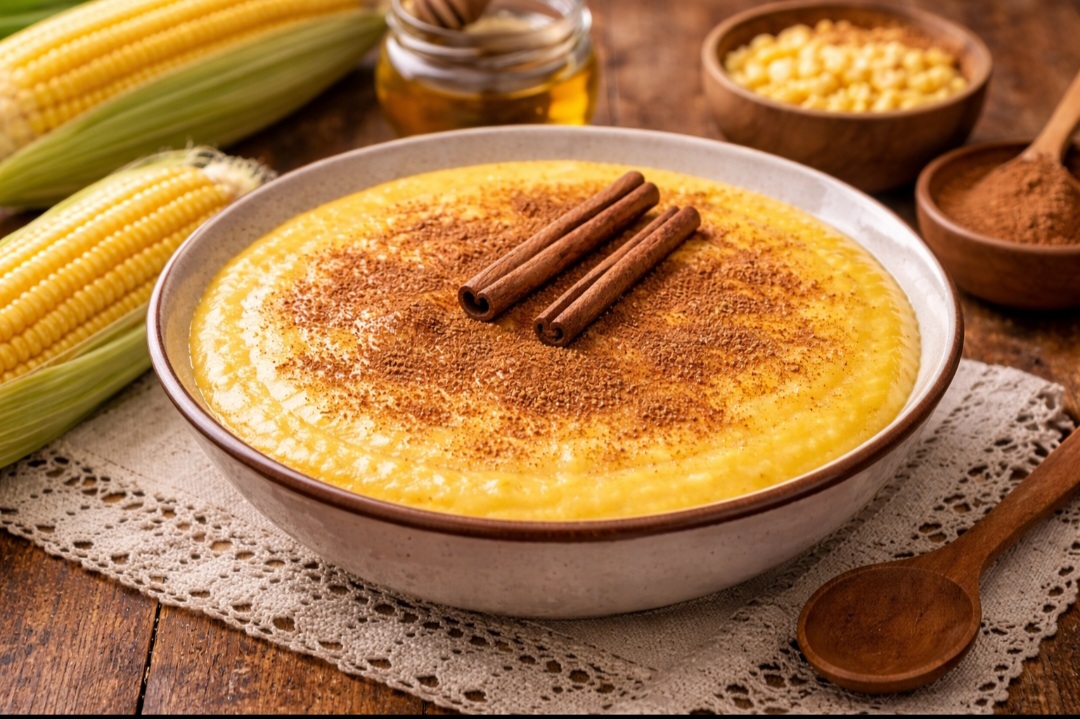 O curau (foto) também leva milho verde, mas é preparado como um creme cozido na panela. Geralmente doce, leva açúcar e canela, ficando mais liso e uniforme que a pamonha. Ao contrário da polenta, não serve como base para pratos salgados.