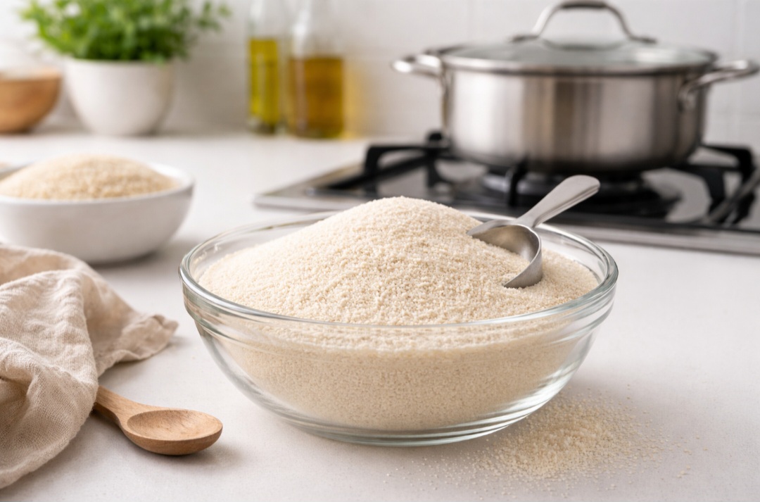 Menos popular, a sêmola de arroz é usada em algumas culinárias específicas e em preparos sem glúten. Sua textura leve e cor clara a tornam adequada para receitas delicadas. Também pode aparecer em sobremesas e massas alternativas.