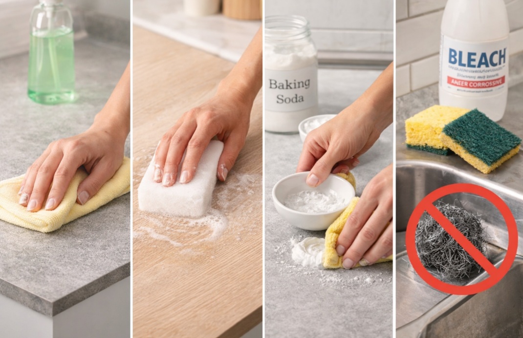 Limpar fórmica é simples. Use pano macio ou esponja suave com água e detergente neutro.  Passe o pano úmido e  seque. Quando a sujeira estiver mais difícil, aça uma pastinha de bicarbonato com água. Aplique suavemente e retire com pano úmido. Nao use palha de aço bem produtos abrasivos.